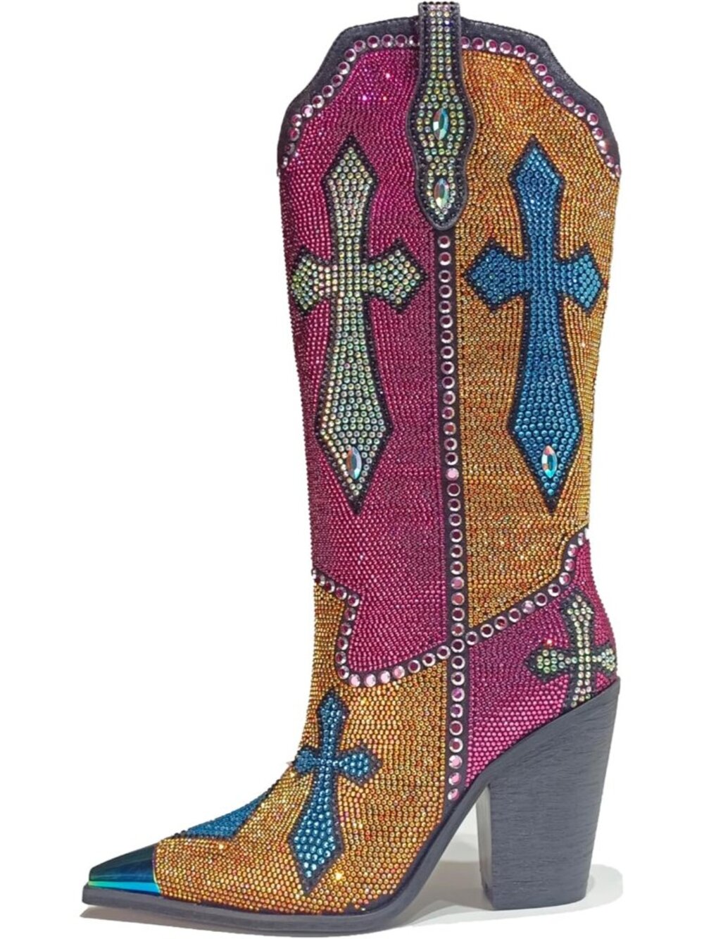 Women's Multi Rhinestone Cross Western Pointed Toe Knee High Cowboy Boots - Picture 3 of 6